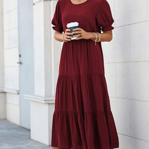 Women's Summer Casual Floral Boho Dress Puff Short Sleeve Ruffle Flowy Beach Party Midi Dresses