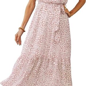 Women's Summer Floral Boho Maxi Dress Wrap Short Sleeve V Neck Ruffle A-Line Flowy Wedding Guest Long Dresses