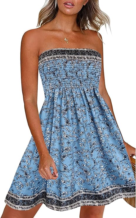Summer Dresses for Women Beach Cover Ups Strapless Boho Floral Print Sundress