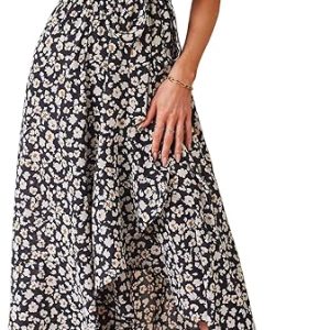 Women's Summer Floral Boho Maxi Dress Wrap Short Sleeve V Neck Ruffle A-Line Flowy Wedding Guest Long Dresses