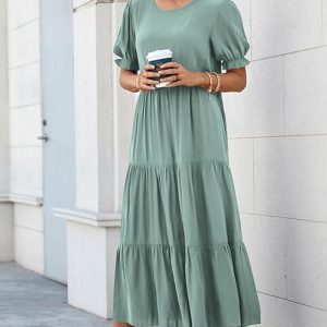 Women's Summer Casual Floral Boho Dress Puff Short Sleeve Ruffle Flowy Beach Party Midi Dresses