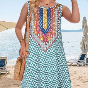 Summer Dresses for Women Beach Boho Sleeveless Vintage Floral Flowy Pocket Tshirt Tank Sundresses