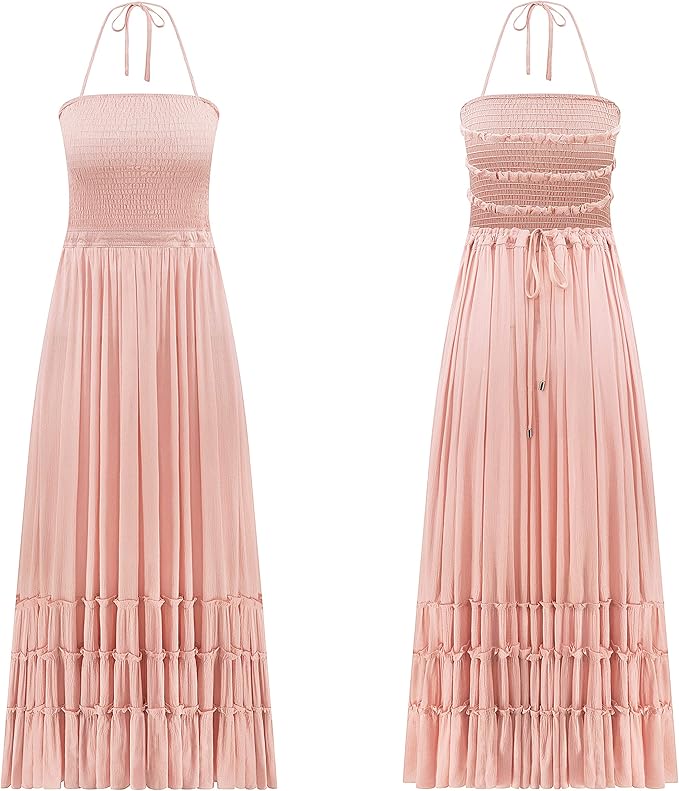 Women's Summer Floral Boho Maxi Dress Wrap Short Sleeve V Neck Ruffle A-Line Flowy Wedding Guest Long Dresses