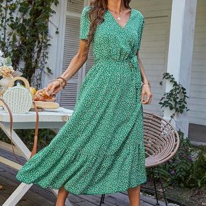 Women's Summer Floral Boho Maxi Dress Wrap Short Sleeve V Neck Ruffle A-Line Flowy Wedding Guest Long Dresses
